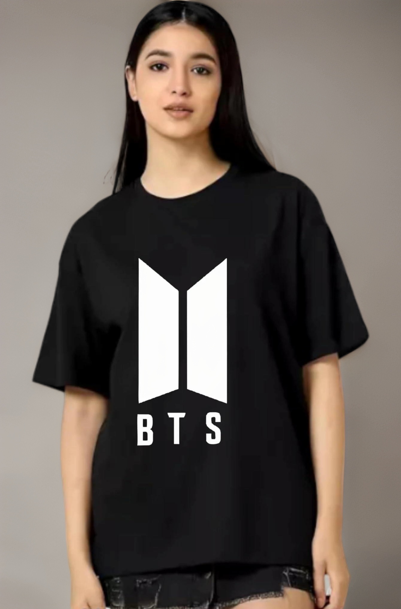 Uniplanet Store Women Oversized T Shirt | BTS Round Neck Cotton Printed Loose Fit Black T-Shirt