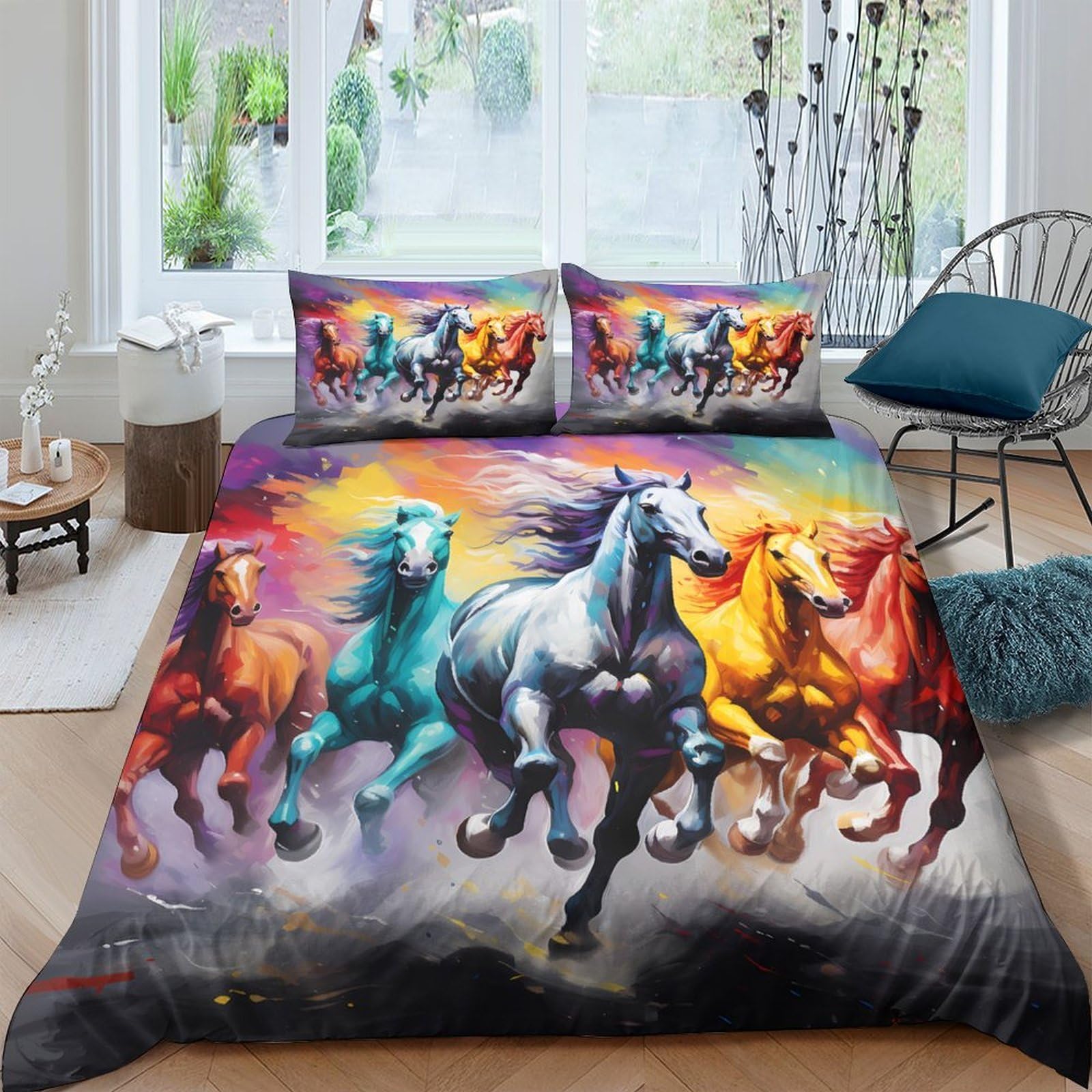 Ctjqhvkz Style-5 3D Printed Colorful Running Horses Fitted Sheet Microfiber Soft Artistic Wild Stallion Bed Cover For Bedroom Dorm Easy Care Single（135X200cm）