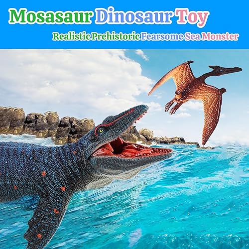 Miniatura 3 de EOIVSH Mosasaurus - Juguete grande de Mosasaurio gigante de pretector oceánico, mordiendo un pterosaurio, monstruo marino prehistórico, figura de