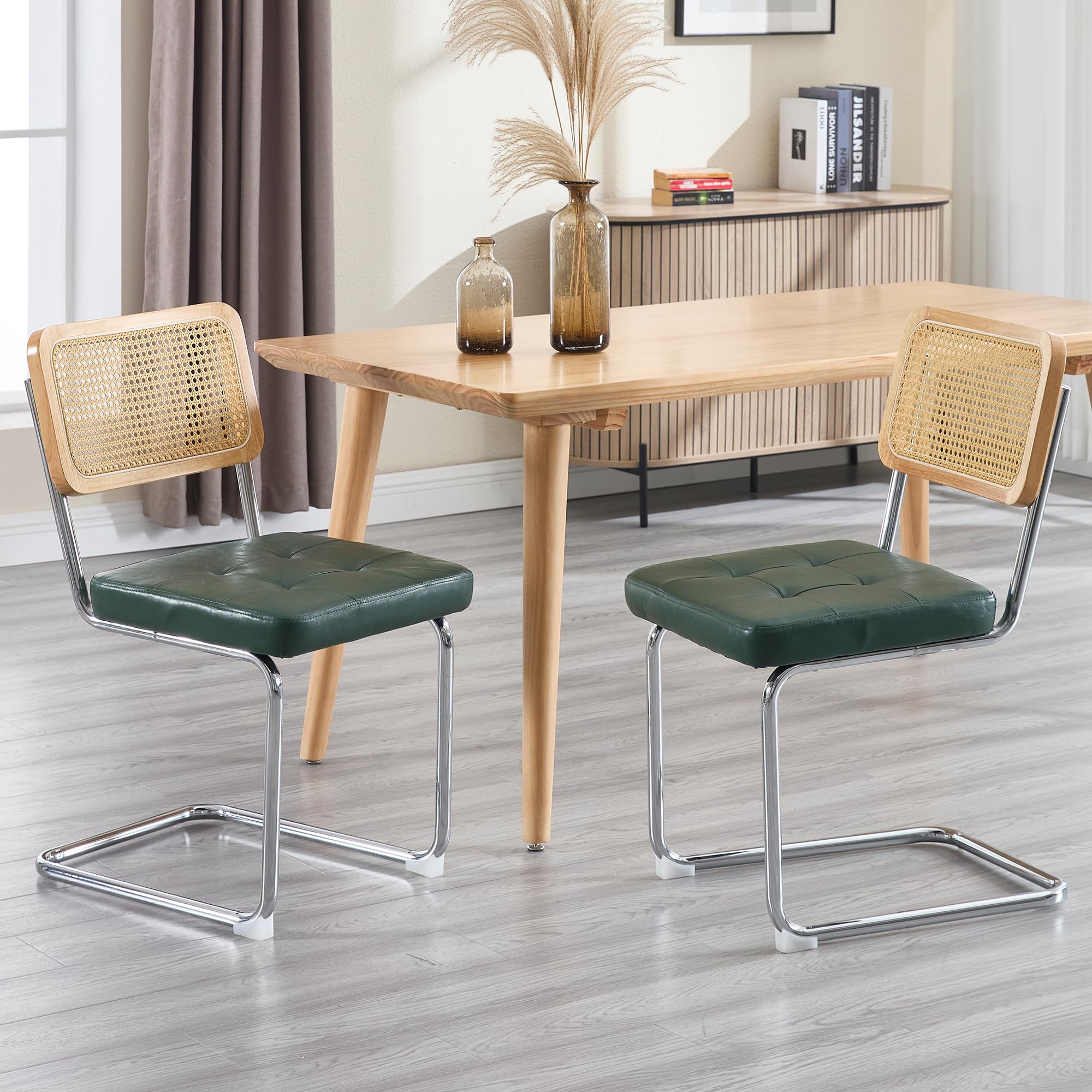 KCC Mid Century Modern Dining Chairs Set of 2, Faux Leather Rattan Dining Room Kitchen Side Chairs with Metal Legs and Upholstered Seat for Dining,