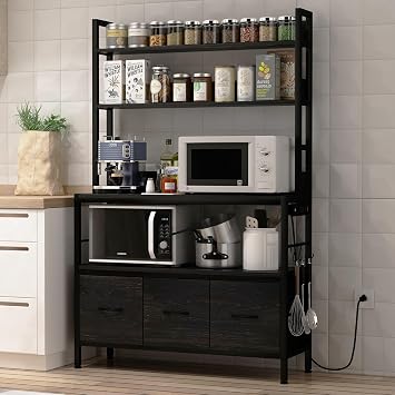 Bakers Rack with Power Outlet,5-Tier Free Standing Kitchen Storage Shelf Bakers Rack with Baskets,Industrial Microwave Oven Stand,Metal Kitchen Rack Organizer with HooksBlack