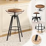 MAHANCRIS Bar Stools, Height Adjustable Swivel Bar Stool, Counter Height Bar Stool, Set of 2 Industrial Bar Stools, Vintage Round Bar Chairs with Sturdy Metal Frame, Rustic Brown BAHR0701