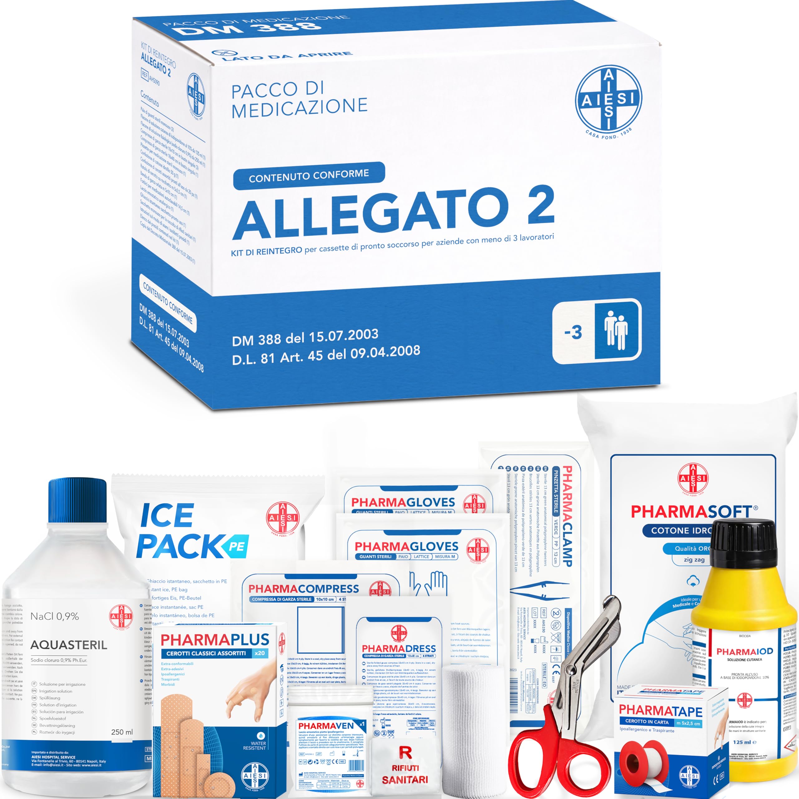 AIESI® kit di reintegro ALLEGATO 2 pacco medicazione per cassetta pronto soccorso aziende meno 3 dipendenti, Conforme DM388/DL81, Made in Italy