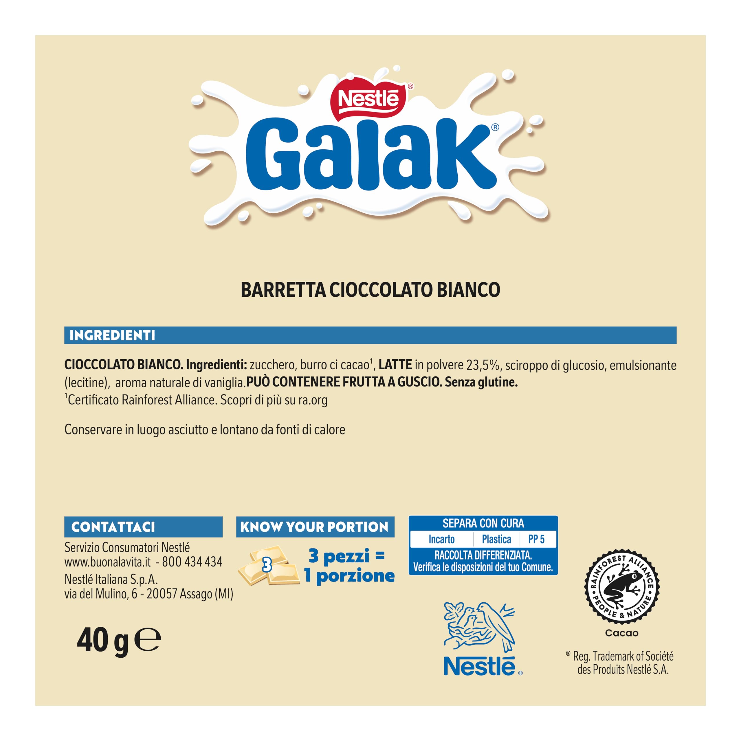 GALAK Barretta Cioccolato Bianco, 36 Barrette da 40g (1,44kg)