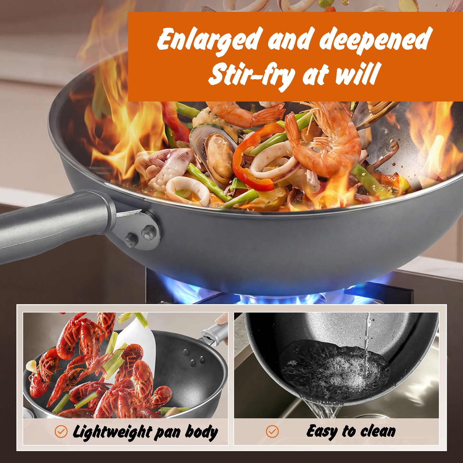 Genérico Wok De Cocina Grande, Aleación Aluminio Con Tapa, Sartén Antiadherente Previamente Sazonada, Utilizado For Saltear Estofar Al Vapor Y Asar Alimentos(28cm)
