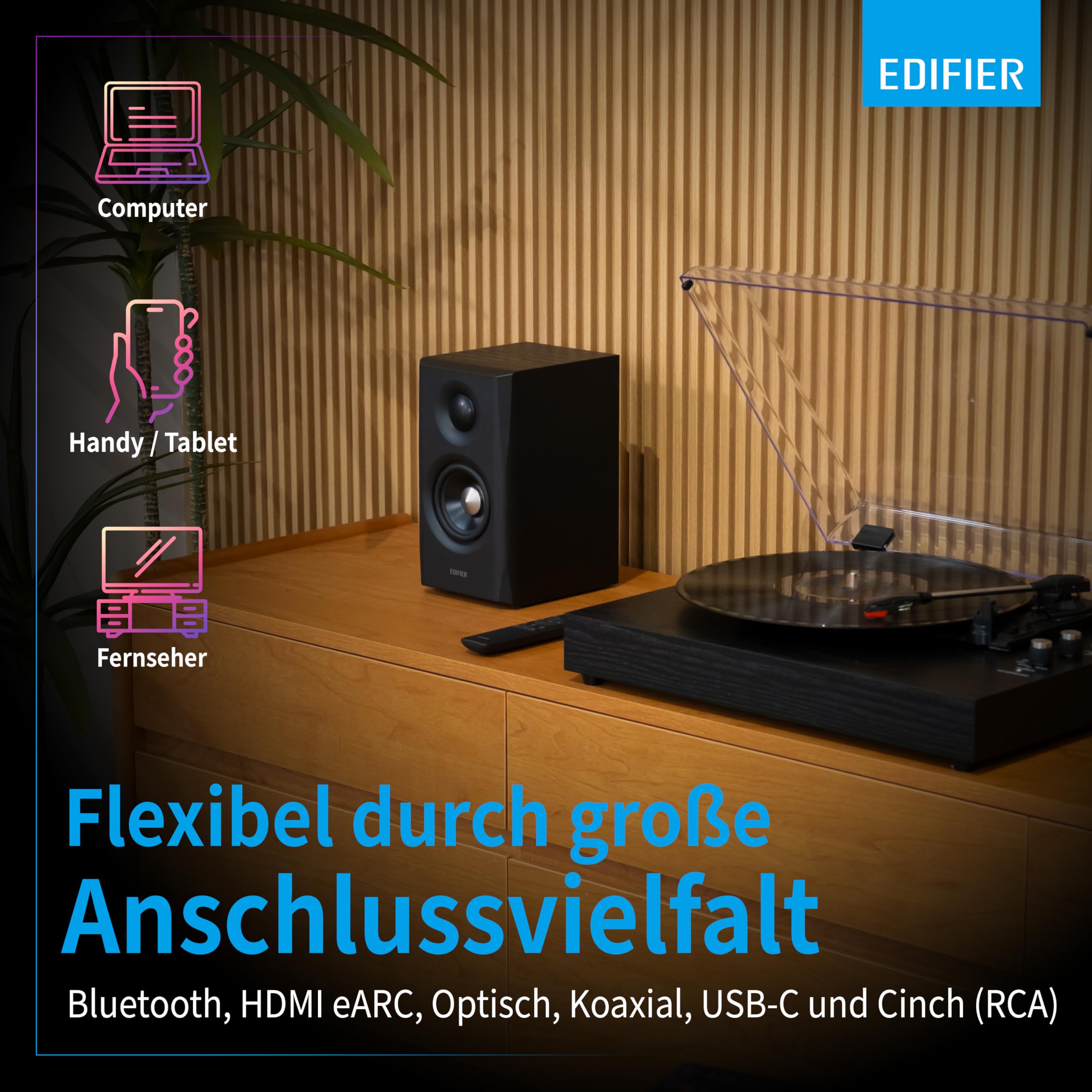 Edifier S355DB Système d'enceintes Hi?Res 2.1 ? 150 W RMS, 5,8 GHz sans fil, HDMI eARC, LDAC Bluetooth 6.0, USB?C, optique, coaxial, triple ampli DSP, design premium (noir)
