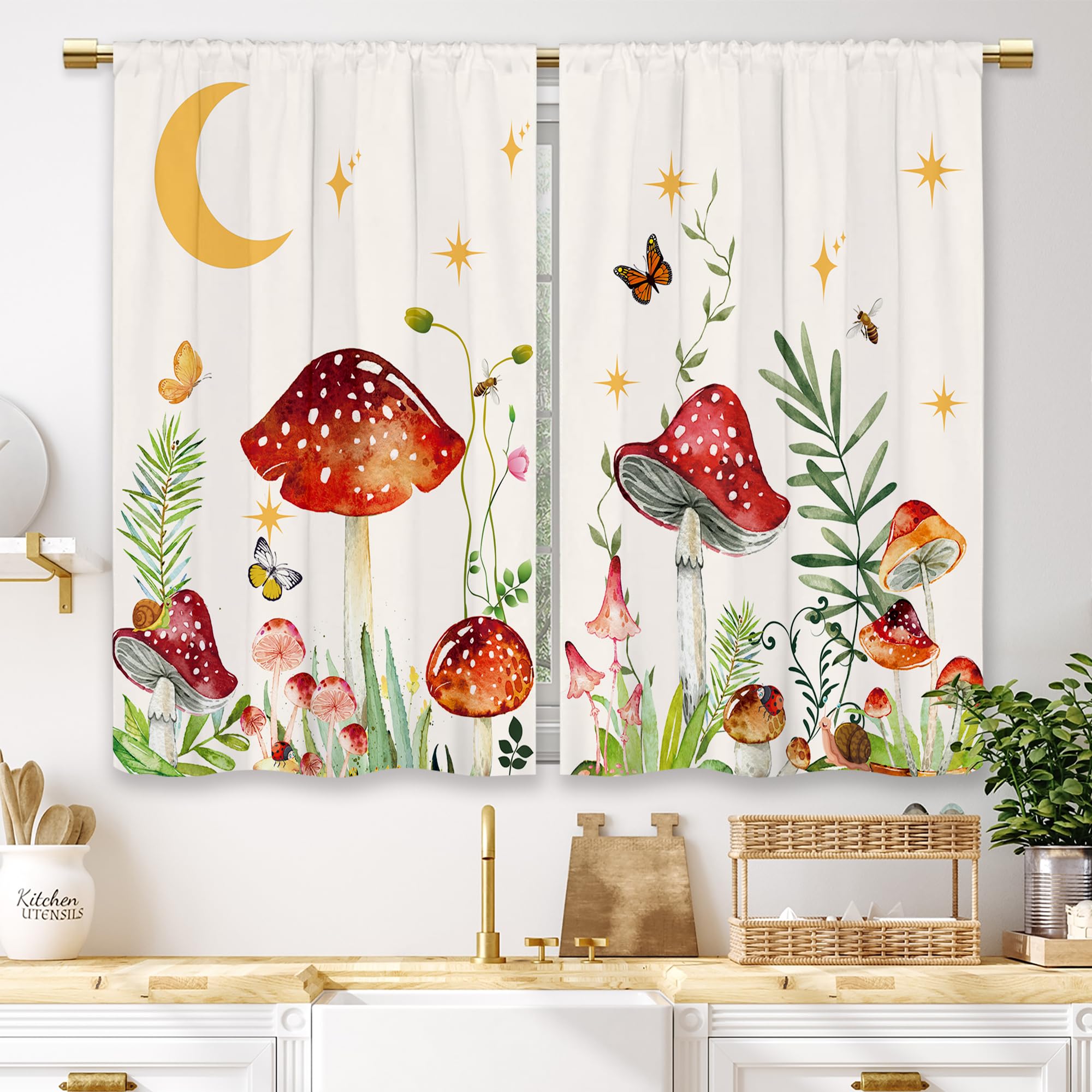 Laifzere Mushroom Botanical Kitchen Curtains Flower Boho Floral Small Short Cafe Window Curtains Moon Star Butterfly Retro Rod Pocket Bathroom Drapes Treatment Tier Curtains 2 Panels (27.5x39 Inch) — image 1