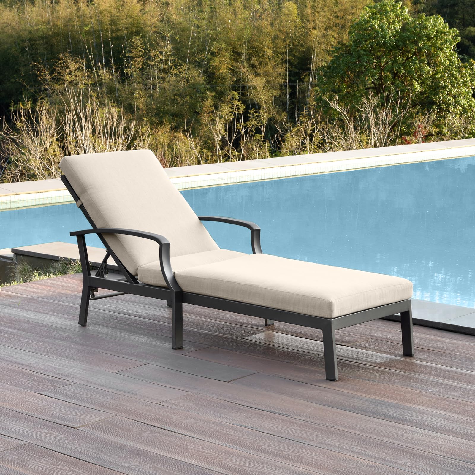 SEEHILL Pool Lounge Chair, Never-Rust Aluminum Outdoor Chaise Lounge with Gray Cushion, Outdoor Lounger Pool Furniture with Adjustable Backrest, Patio