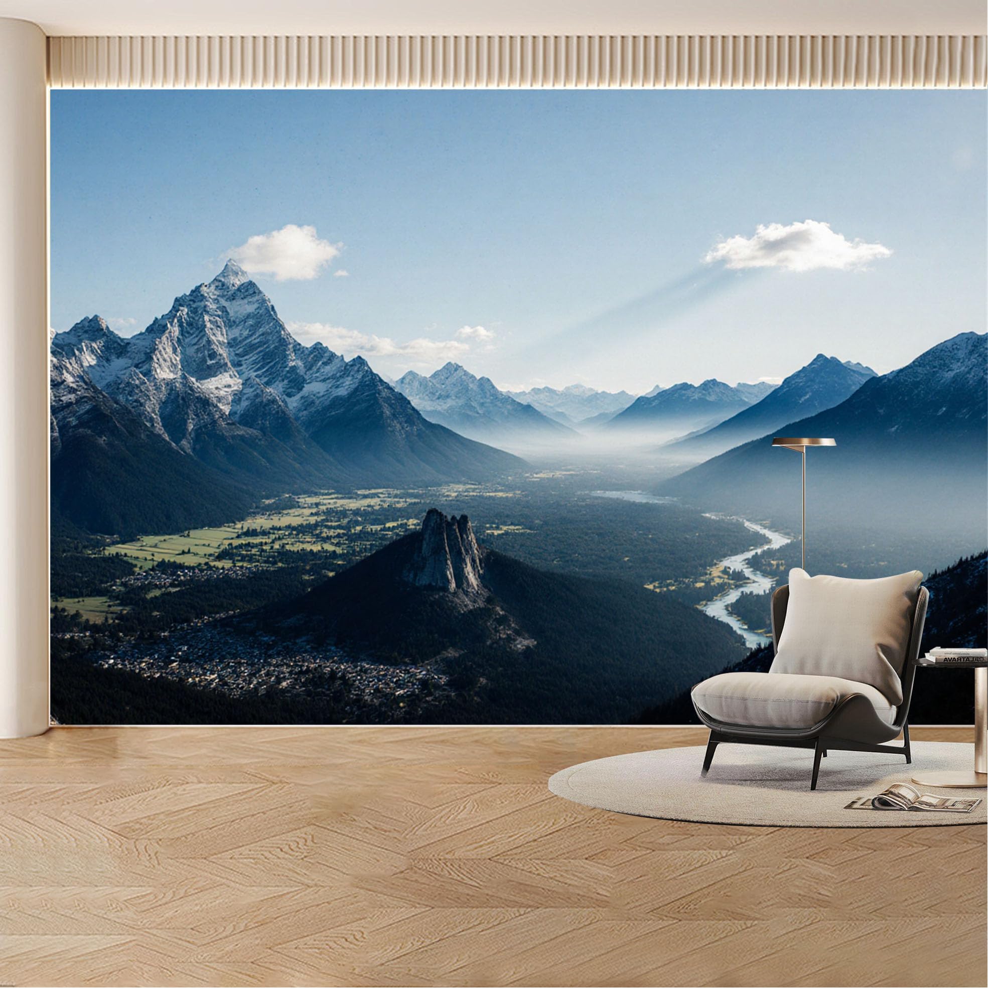 Custom Wall Mural Wallpaper Mountain Valley Landscape 3D Effect Wall Decor Large Wall Art Misty Nordic for Living Room， Bedroom， Office