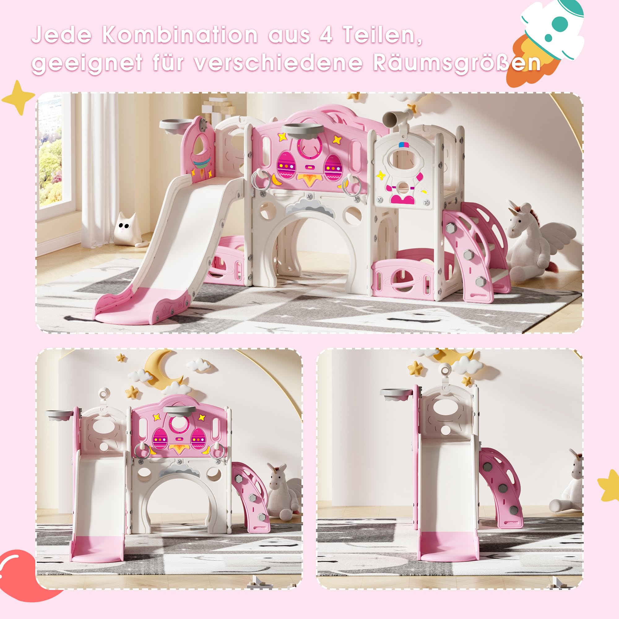 Juego de tobogán para niños 9 en 1 y juego de escalada para patio trasero independiente para niños de 1 a 4 años, con escalera, trastero, túnel, telescopios, caña multifunción