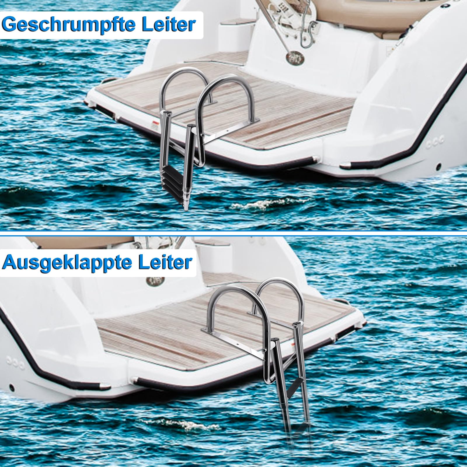KAOLALI Bootleiter 4 Stufen Poolleiter Edelstahl, Badeleiter Boot Klappbar Teleskop mit Großen Handläufen Und Breiter Sprosse Tragkraft 227 kg für Schwimmbad Deck Boot