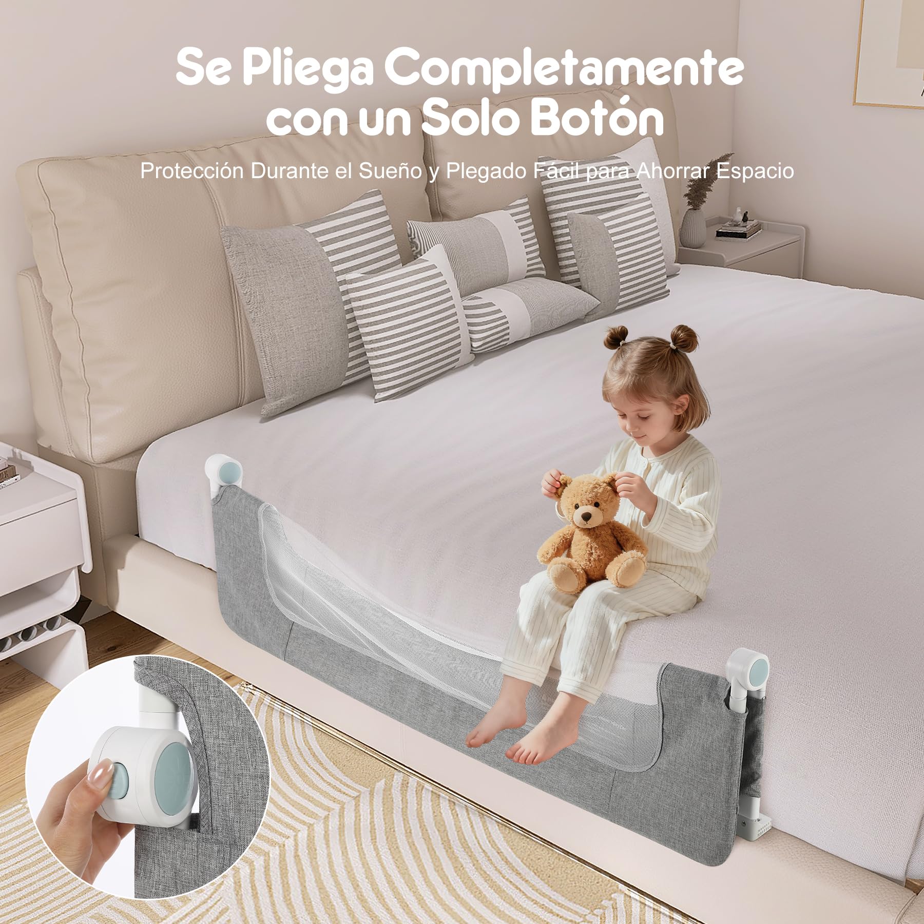 Barandilla de Cama Infantil 120 cm sin Taladro Barandilla de Seguridad Plegable para Bebé con Marco Reforzado y Diseño Anticolisión para Cama Individual Doble King Size Gris