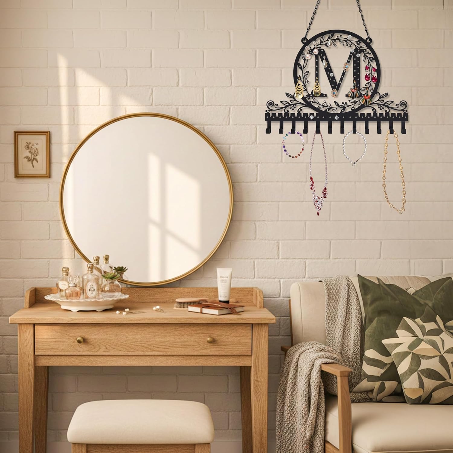 Wall-Mounted Metal Initial Letter M Earring Holder Hanging Jewelry Organizer for Earrings and Necklaces Space-Saving Wall Display with Hooks for Jewelry Storage