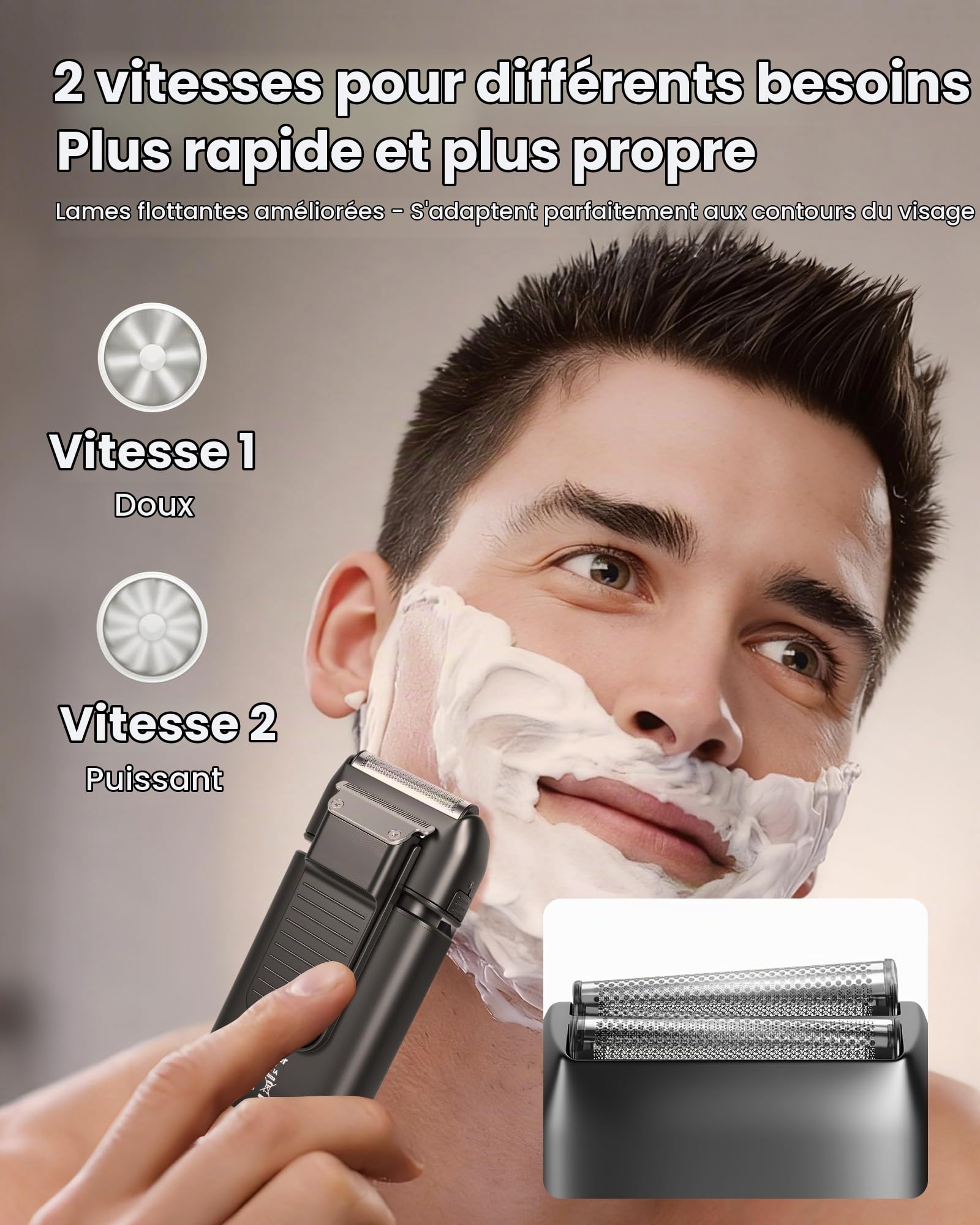 Rasoir Électrique Homme, Foil Shaver, Double Grille Flexible, IPX6 Étanche, 2 Vitesses, Écran LED, Recharge USB, Rasage Wet & Dry, Rasoir Barbe Portable avec Verrouillage Voyage