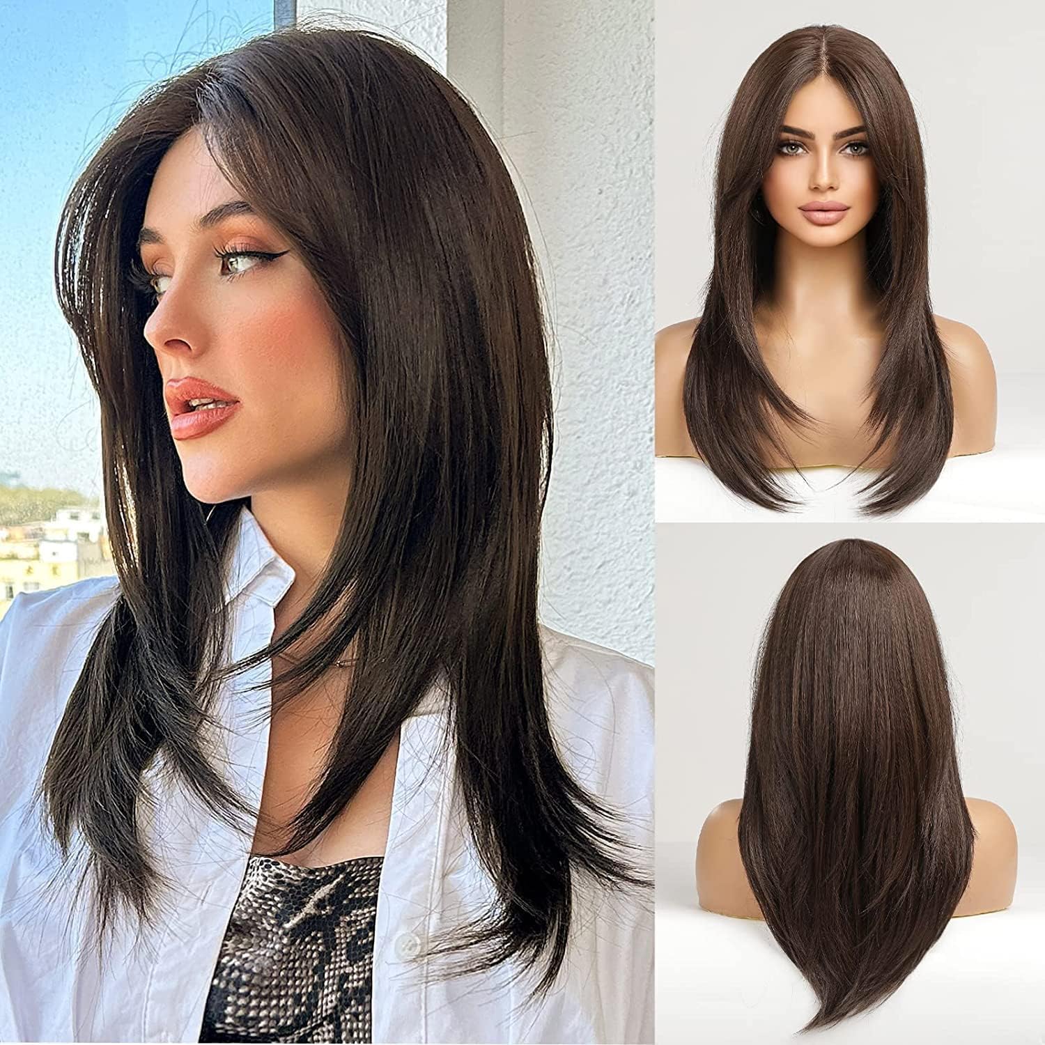 Hair Wigs For Women ASSU Long Black Women's Hair Wig Mang Wig Layered Synthetic Hair Wig with Dark Roots for Everyday Party Cosplay Shooting, Wedding, Dating, Party - 24"