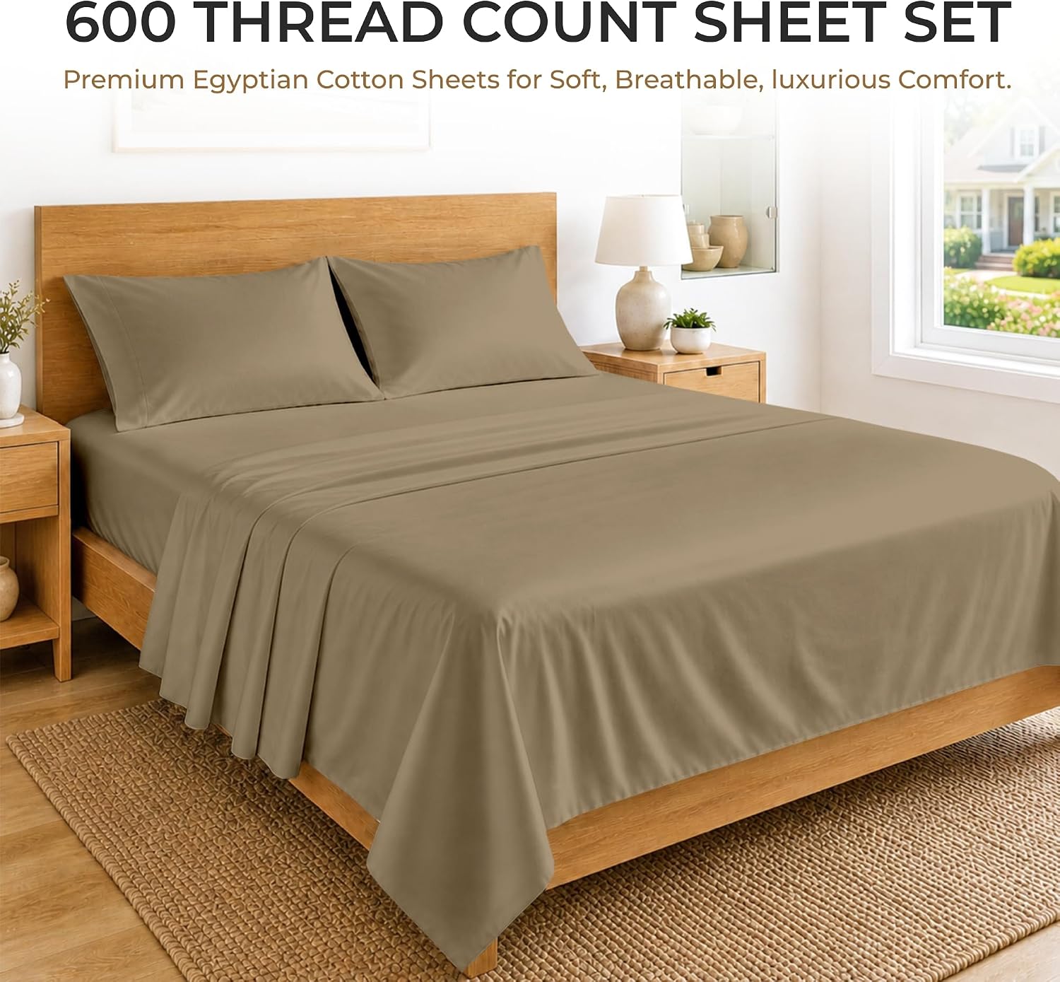 SGI bedding 100% Egyptian Cotton Sheets Queen Size – 600 Thread Count Sheets Set, Soft, Cooling, 15" Deep Pocket, Luxury Hotel Bedding, Breathable, Durable - Taupe
