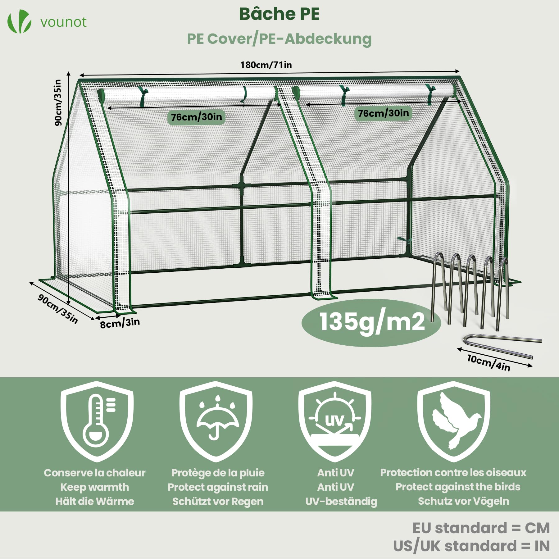 VOUNOT Gewächshaus Mini 180x90x90 cm mit 2 Rolltür, Klein Foliengewächshaus für Balkon, Garten, Tomatengewächshaus Stabil Winterfest Wetterfest, Verstärkte PE-Folie 135g/m², Weiß