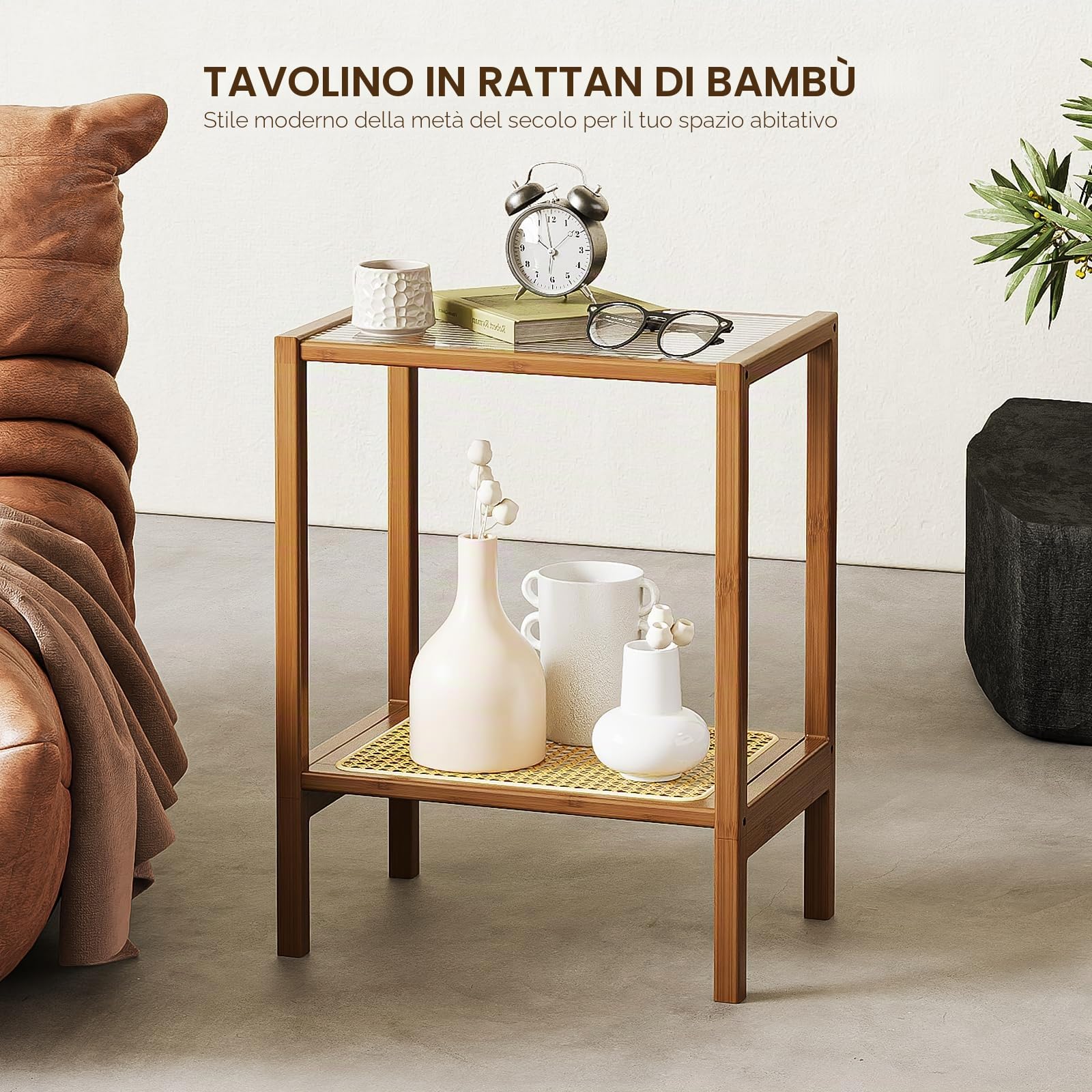 Bamworld Tavolino da salotto Comodini Camera da Letto Tavolino in Rattan Tavolino Divano moderno per Soggiorno e Camera da Letto(H-Shape)