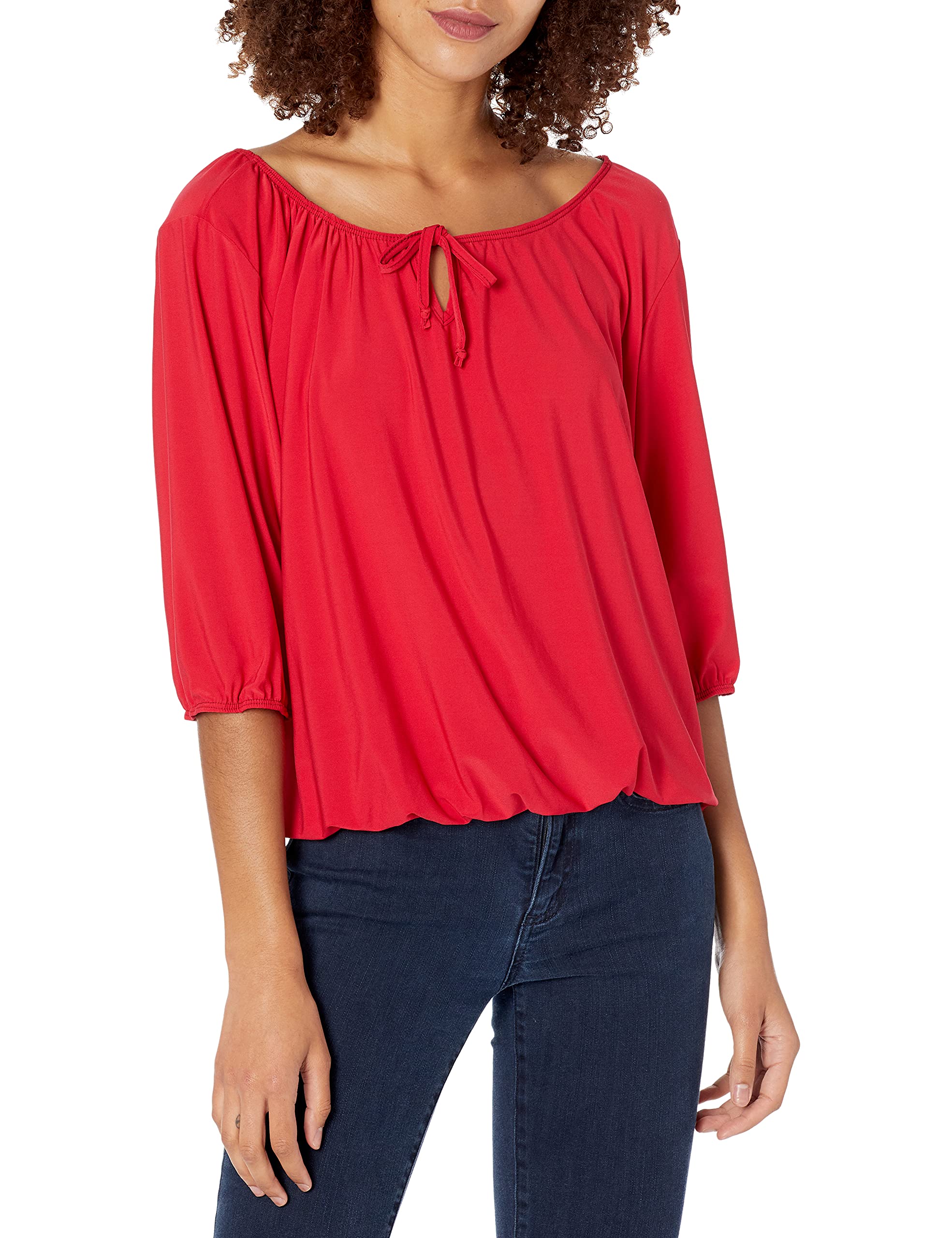 Star Vixen Women's 3/4 Sleeve Peasant Elastic-Hem Keyhole-Tie Top Blouse, Red, Large