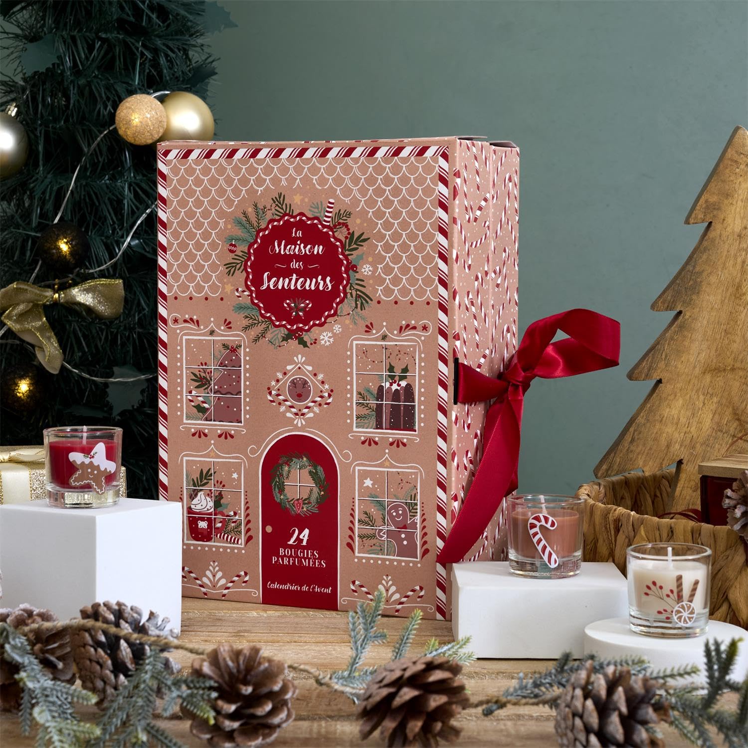 Luxuriöser Adventskalender mit 24 Duftkerzen – Aufklappbarer Weihnachts-Adventskalender für Erwachsene – Adventskalender mit Kerzen – Rot