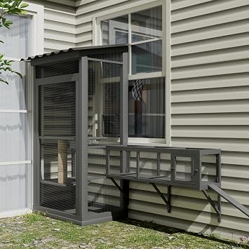 59 Wooden Cat Window with Extendable Design Connecting Inside and Outside Catio Outdoor Cat Enclosure for Sunbathing, Napping & Overlooking (Grey)