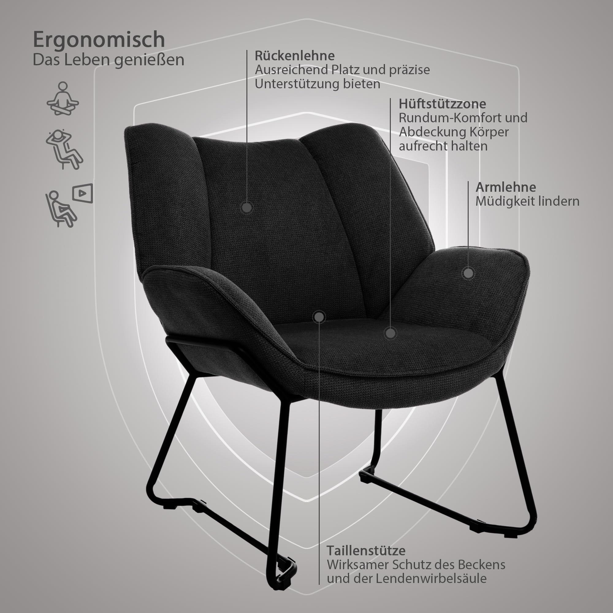Relaxsessel Lounge Sessel Fernsehsessel bequem, Clubsessel Einzelsofa Cocktailsessel, Ohrensessel für Wohnzimmer/Schlafzimmer/Empfangsraum, Polster Lesesessel Vintage Anthrazit