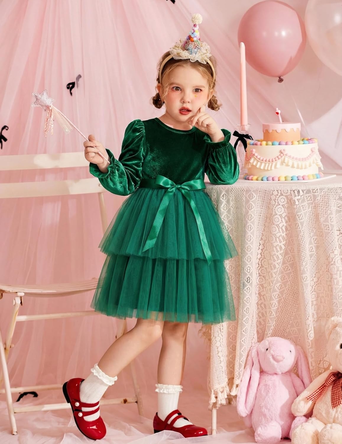 Arshiner Girls Velvet Tutu Dress Toddler Puff Long Sleeve Tiered Tulle Fall Winter Party Dresses with Ribbon - Image 3