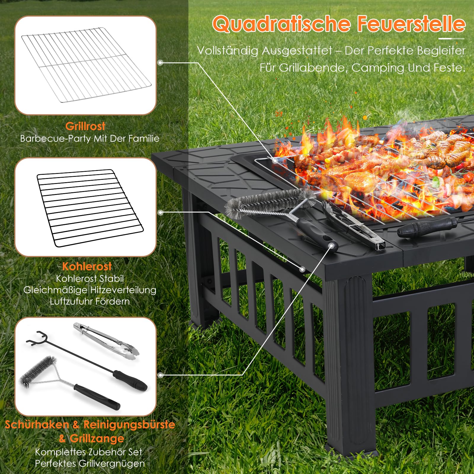 TLSUNNY Feuerschale mit Funkenschutz 81 cm, 3 in 1 Feuerkorb mit Grillrost, Quadratisch für Garten, Feuerstelle mit Grillfunktion