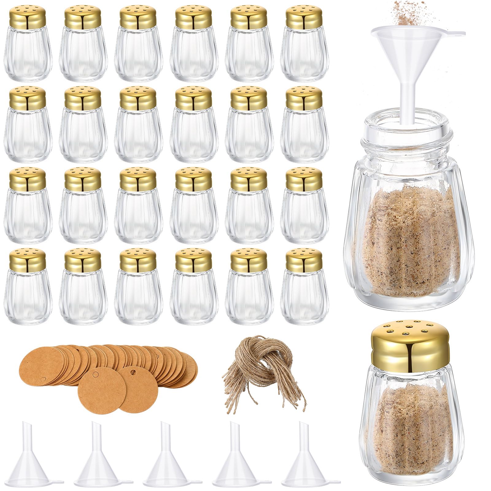 Uiifan Mini-Salz- und Pfefferstreuer mit goldfarbenen Deckeln, klares Glas, Gewürz-, Salz- und Pfefferhalter, Großpackung mit 5 Kunststoff-Trichtern, 50 Etiketten, 50 Seilen für Hochzeit, Party,