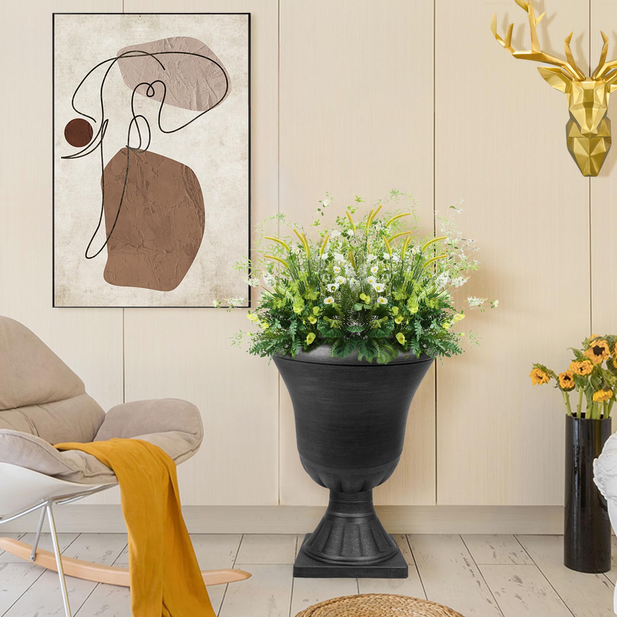 55 cm Ein Paar Groß Urnentopf Römischen Stil Schwarz große Pflanzgefäße in 4 mm Resin Blumentopf, Steinnachbildung Leicht Großvolumig Pflanzkübel Rund Hoch für Hochzeit Haustür Garten