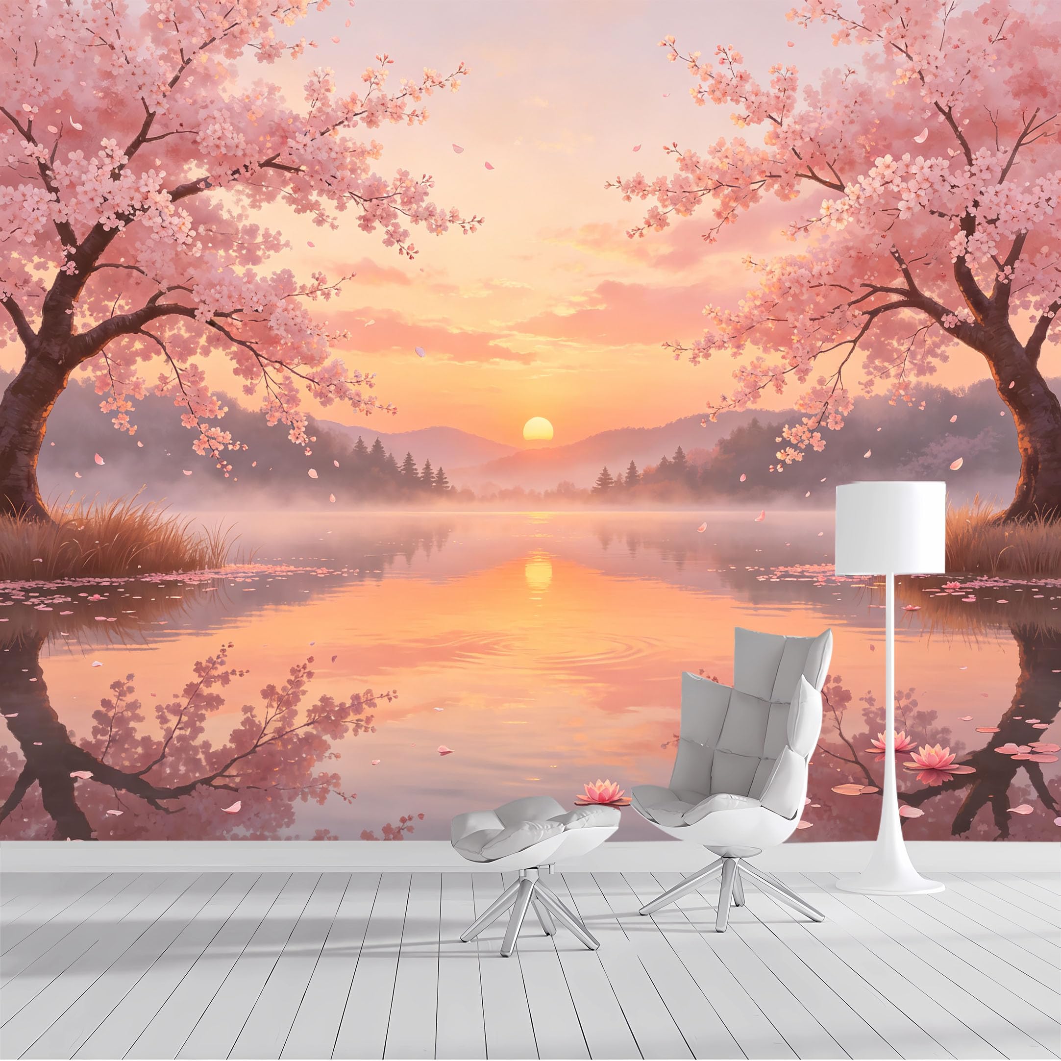Custom Size Wall Mural Cherry Blossom Lake Sunset Pastoral Watercolor SelfAdhesive Wall Fabric Removable Peel and Stick Wallpaper Wall Decor for Living Room Bedroom Bathroom