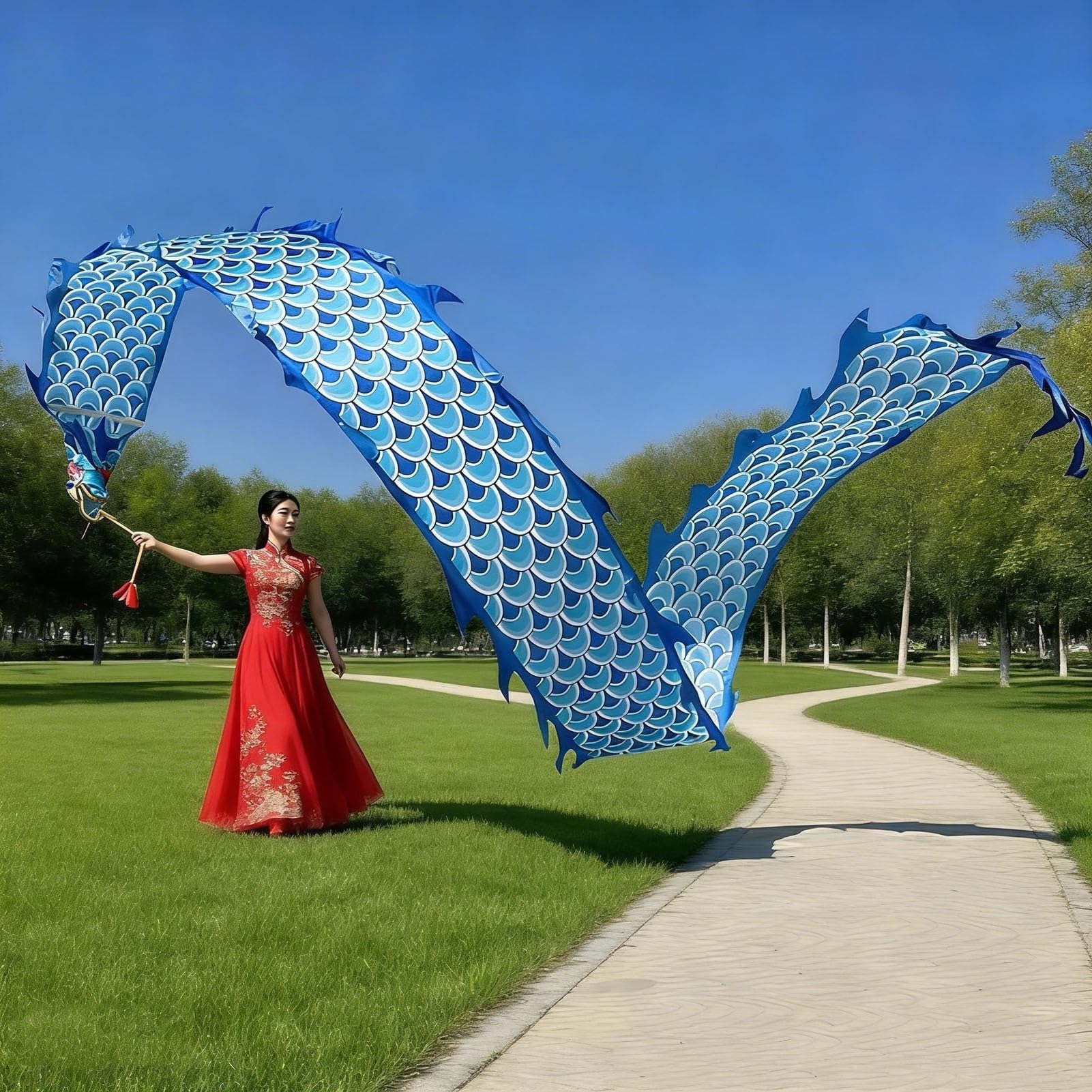 Duży Tańczący Smok Dragon Poi,wstążka Tańczącego Smoka Niebieską Łuską | Przyciągający Wzrok Streamer Ze Smoczą Wstążką 3D, Zestaw Shake Poi, Fitness Do Rzucania Na Świeżym Powietrzu(8M)