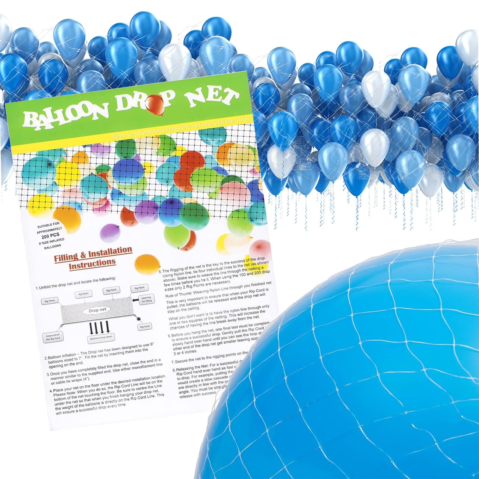 8Ft Balloon Drop Net for Weeding Gender Reveal Balloon Transport Bags Ceiling Release Net Holds 100 Balloons Festive Netting Accessory for Birthday New Years Eve Celebrations Christmas Decorations