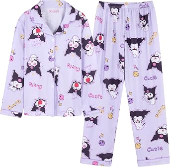 Cartoon Pajamas Set Petite Women Girls 2 Piece Sleepwear Nightwear Long Sleeve Button Down Shirt & Pants Lounge Sets