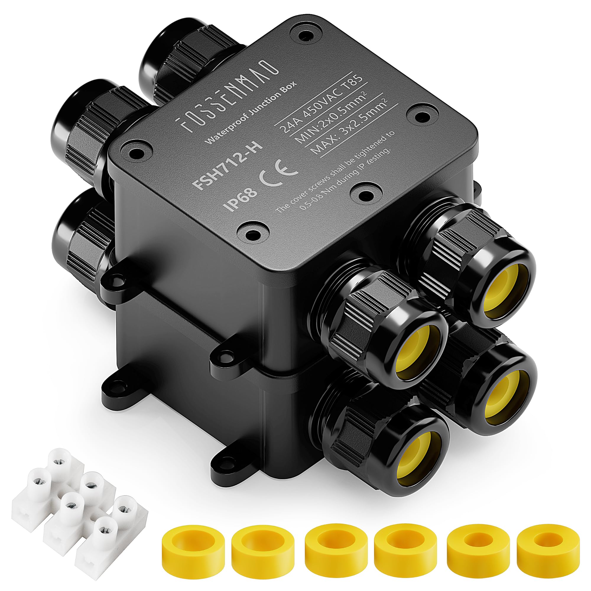 FOSSENMAO IP68 Waterproof Junction Box, 4-Way Cable Connection Box, Outdoor Cable Protection Box, Aging-resistant Integrated PA9 Wire Distribution Box (2, Black)