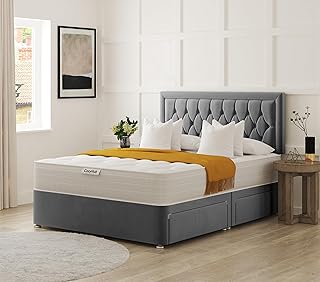 COZY HUB LTD Hilton Florida Divan Bed with 10 Inch Ortho Tufted Mattress & Plush Velvet Headboard – Luxury Divan Set with Drawer Storage Options. (Grey, 4Ft6-2 Drawers)