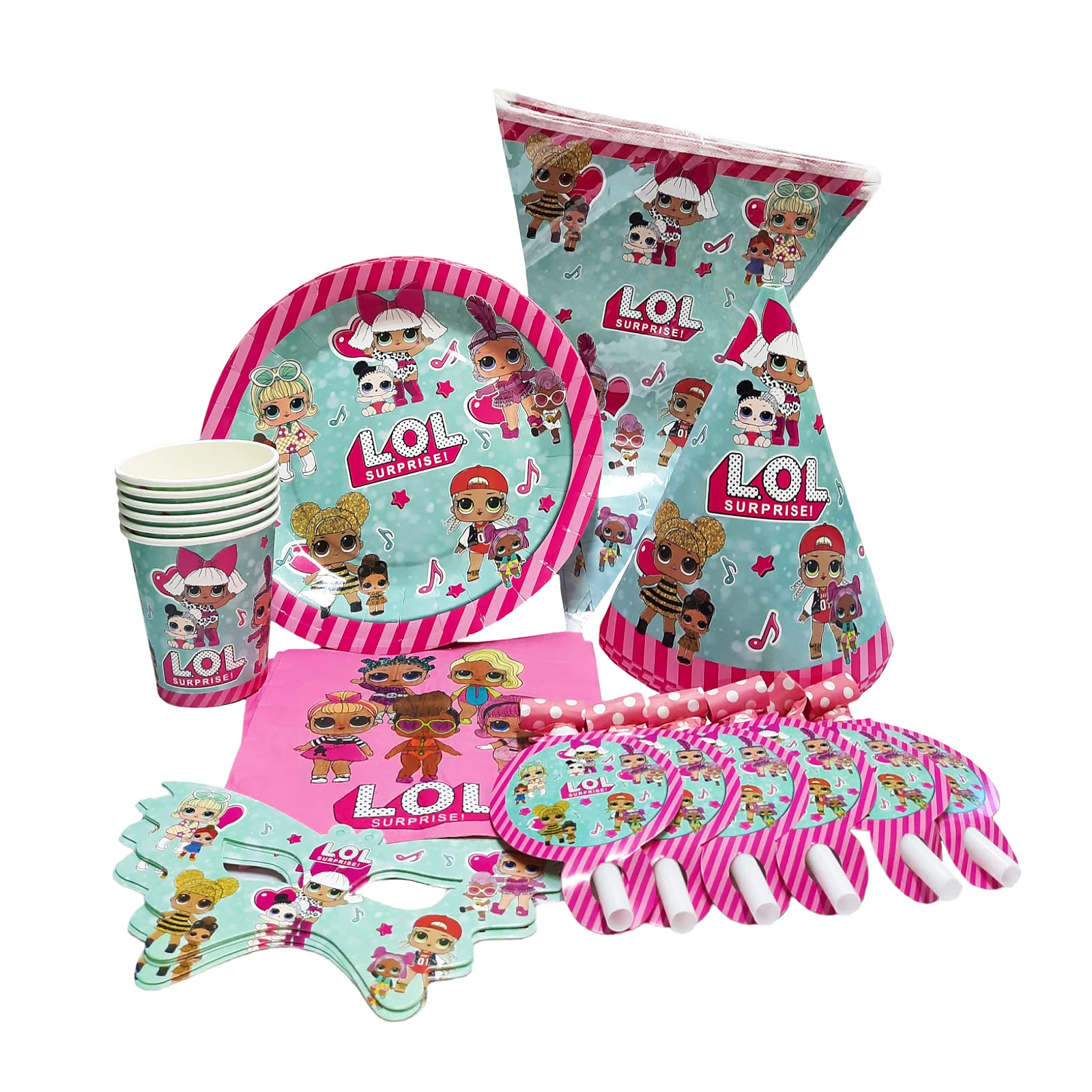PARTY TIME37 Pieces Super Hero Pink LOL Themed Party Sets Disposable Party Tableware - Party Supplies