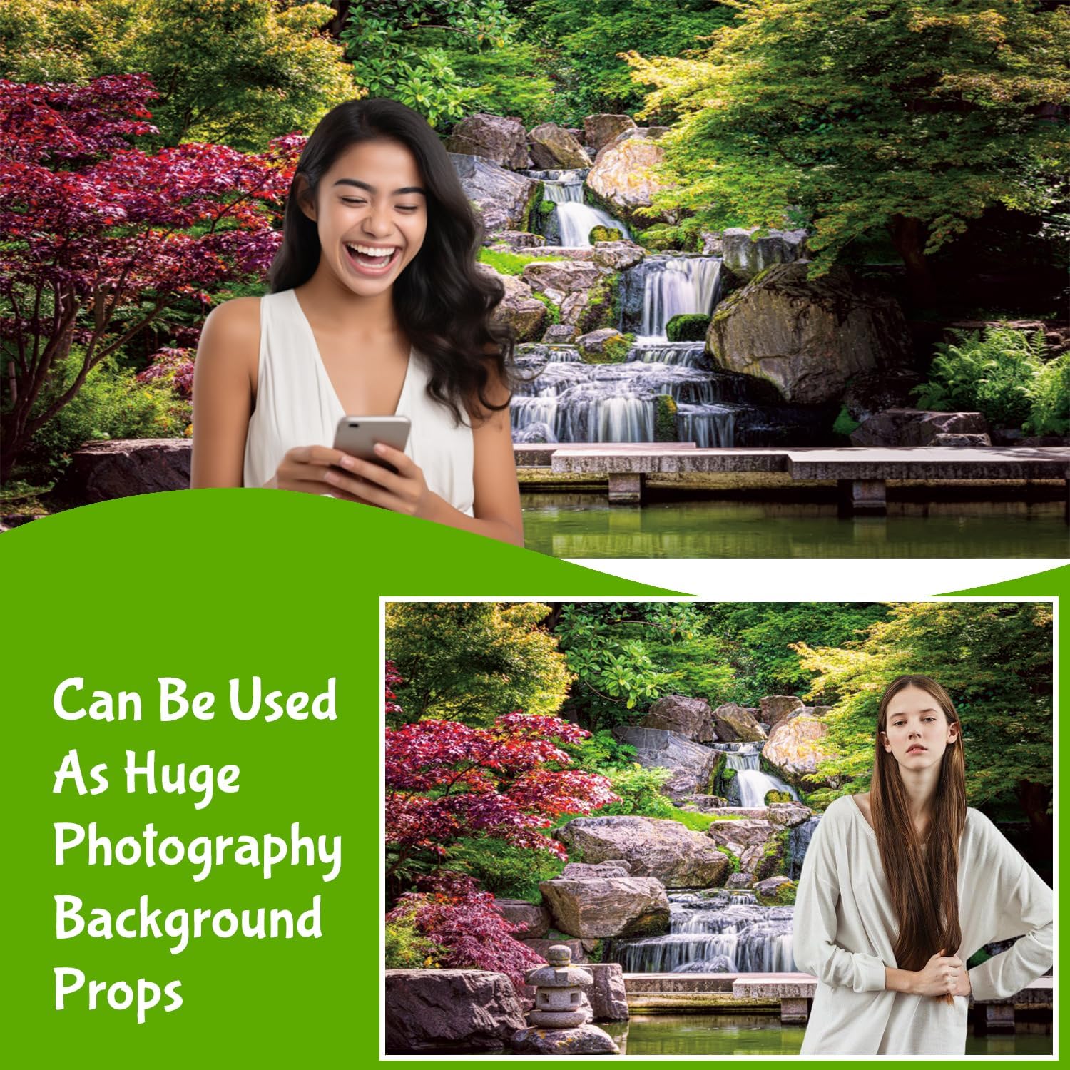 7x16ft Mountain Nature Scene Garage Door Decor Waterfalls Slate Bridge Lush Forest Red Maple Tree Spring Theme Garage Door Cover for Seasonal Atmosphere Garage Door Decor