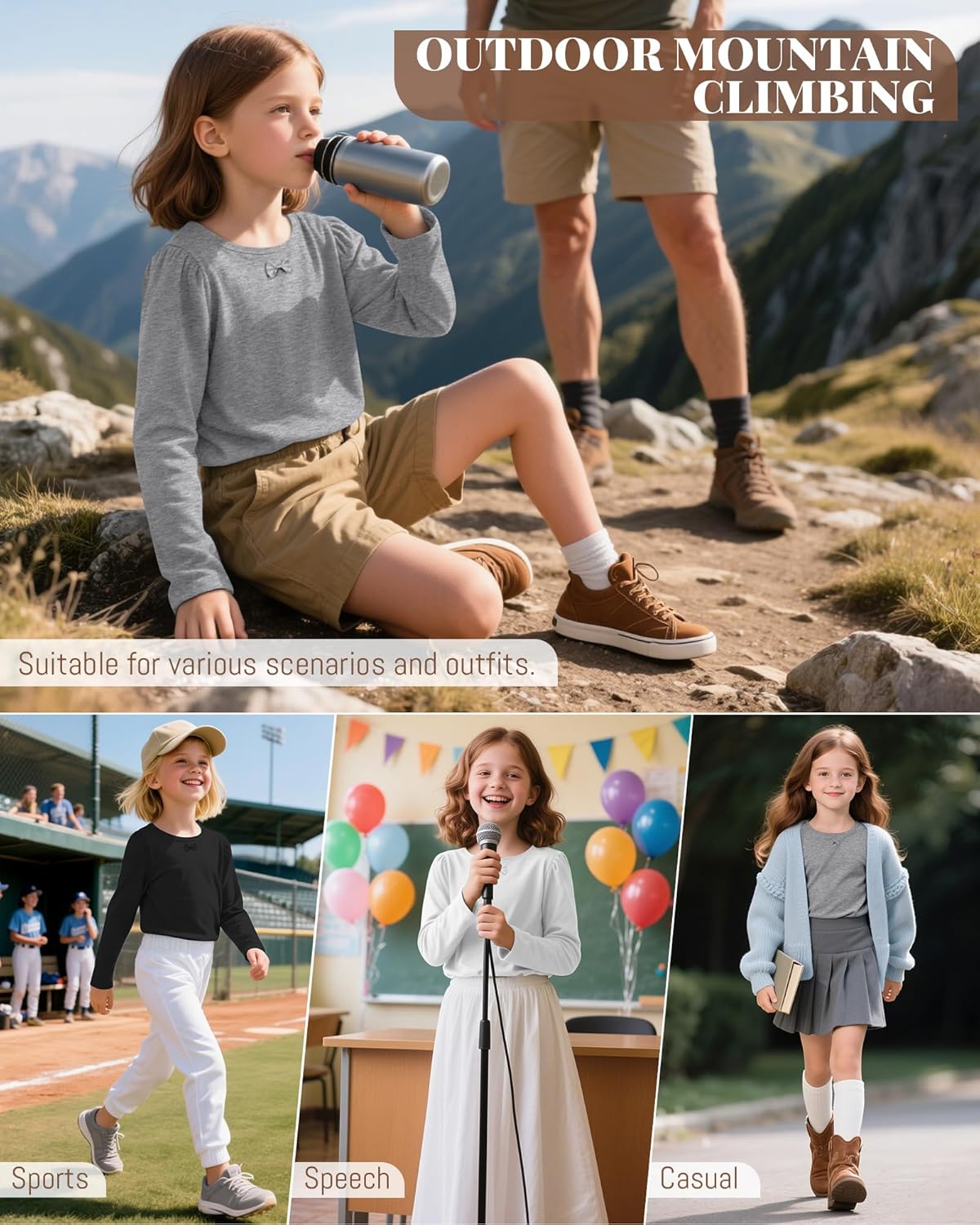 3 Pack Girls Long Sleeve T-Shirts Kids Basic Crew Neck with Bow Soft Layering Tops for Teen Girls, 5-14 Years - Image 2