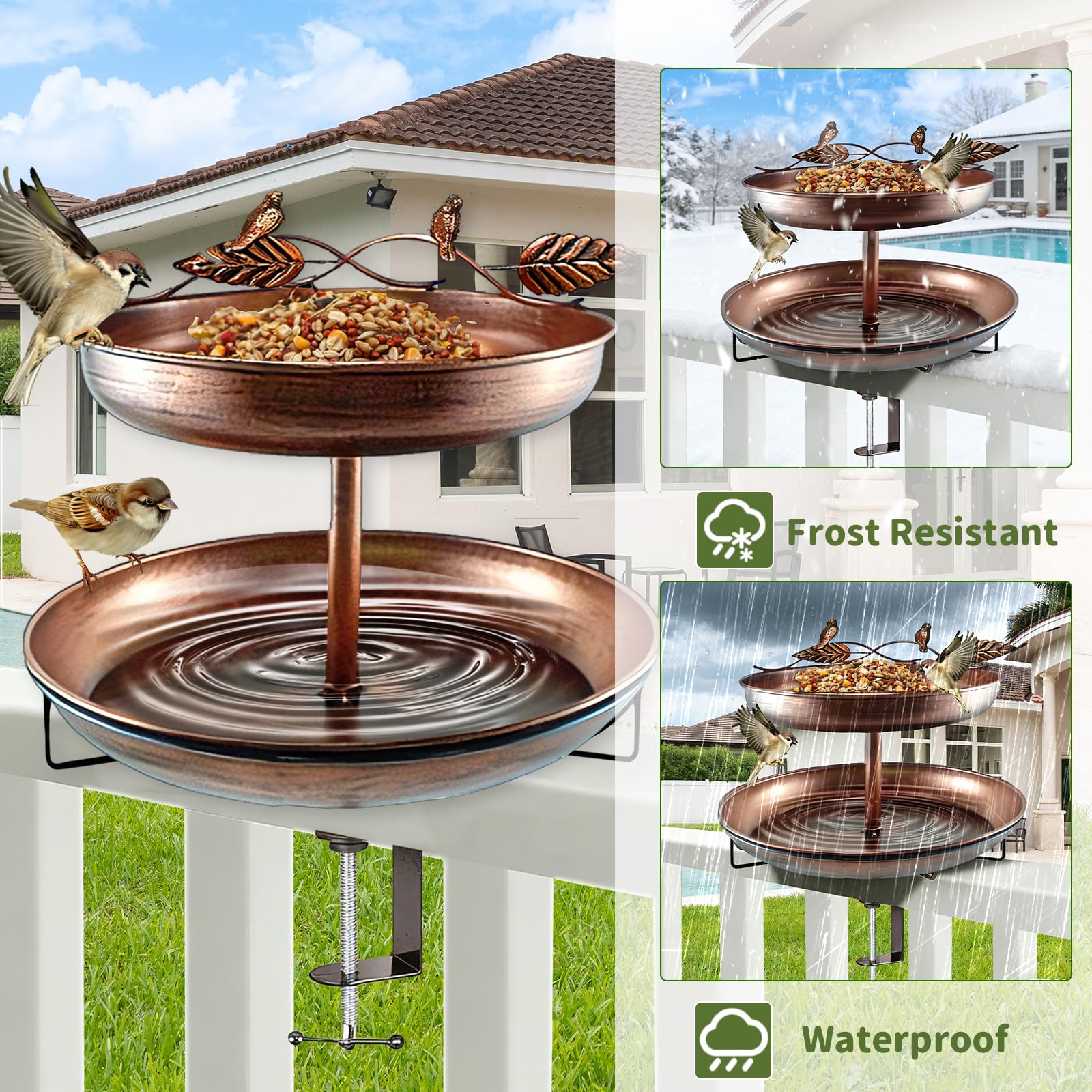 Vogeltränke Stehend, 2 In 1 Vogeltränke Hängend, Vogelbad für Draußen Garten, Vogelfutterspender Wassertränke, Frostsicher Winterfest, für Balkone, Innenhof, Garten, Terrasse (Vintage-Kupfer)