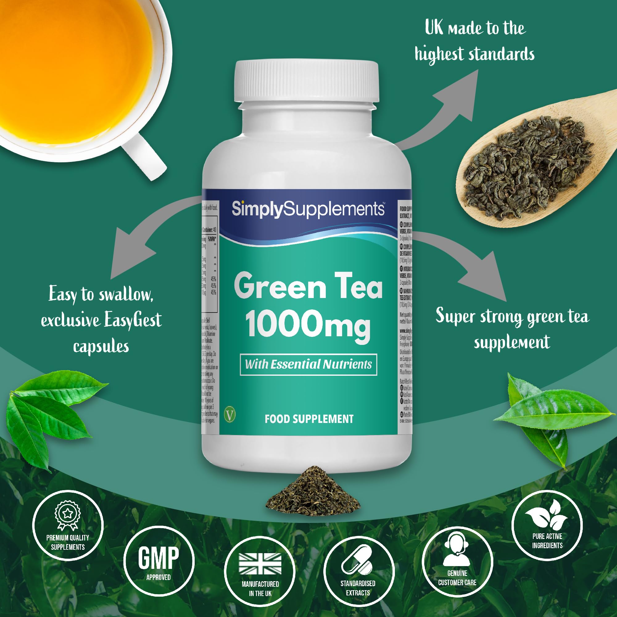 Estratto Di Tè Verde 3.000mg | Con Aggiunta Di Tiamina, Riboflavina E Cromo | Sostiene L'energia, Il Metabolismo E La Difesa Antiossidante | Adatto Ai Vegani | 120 Capsule = 40 Giorni Di Fornitura