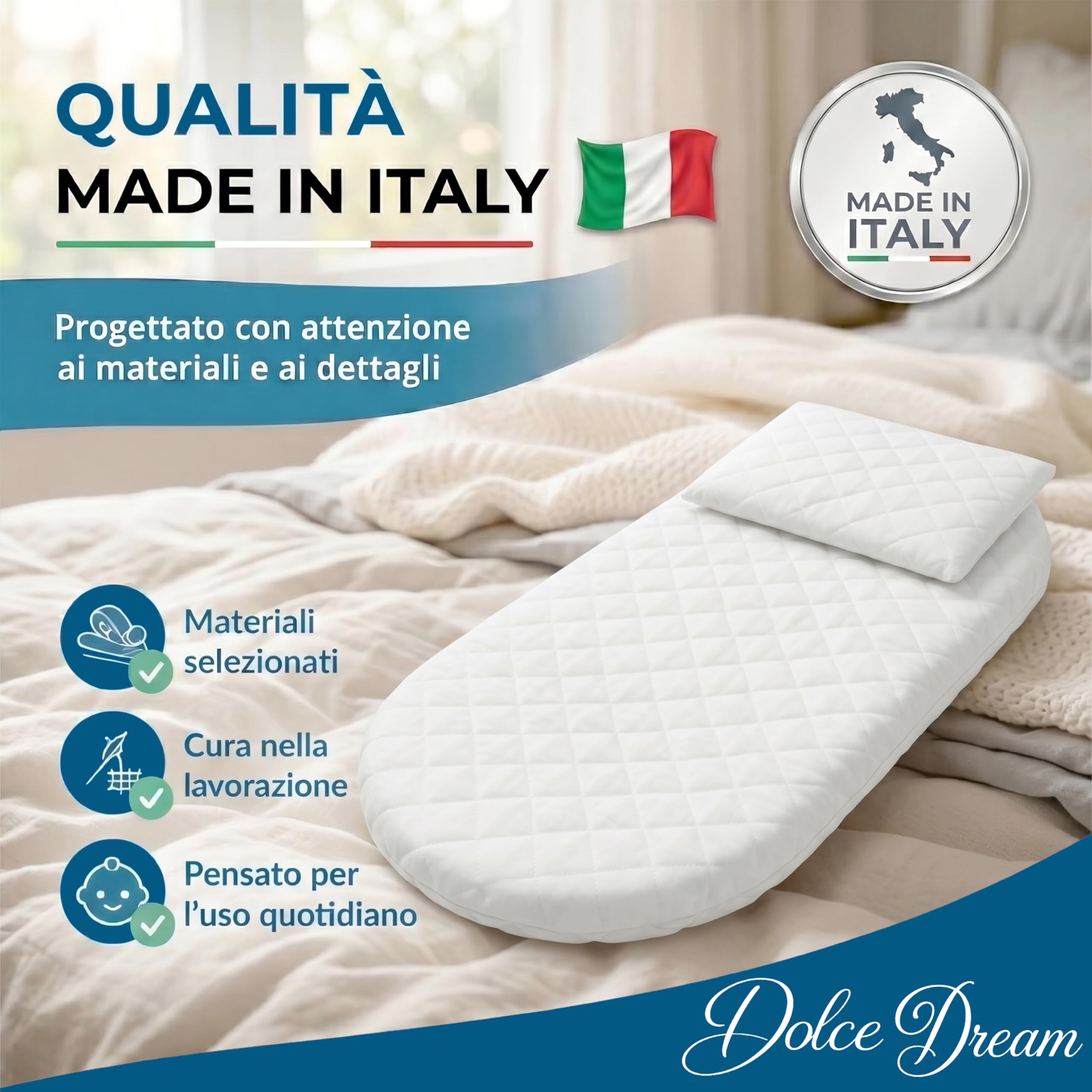 Manami® Materasso Culla e Navicella con Cuscino, Made in Italy, Cotone Trapuntato Sfoderabile, Materasso Carrozzina Traspirante per Neonato, 74x34x6 cm