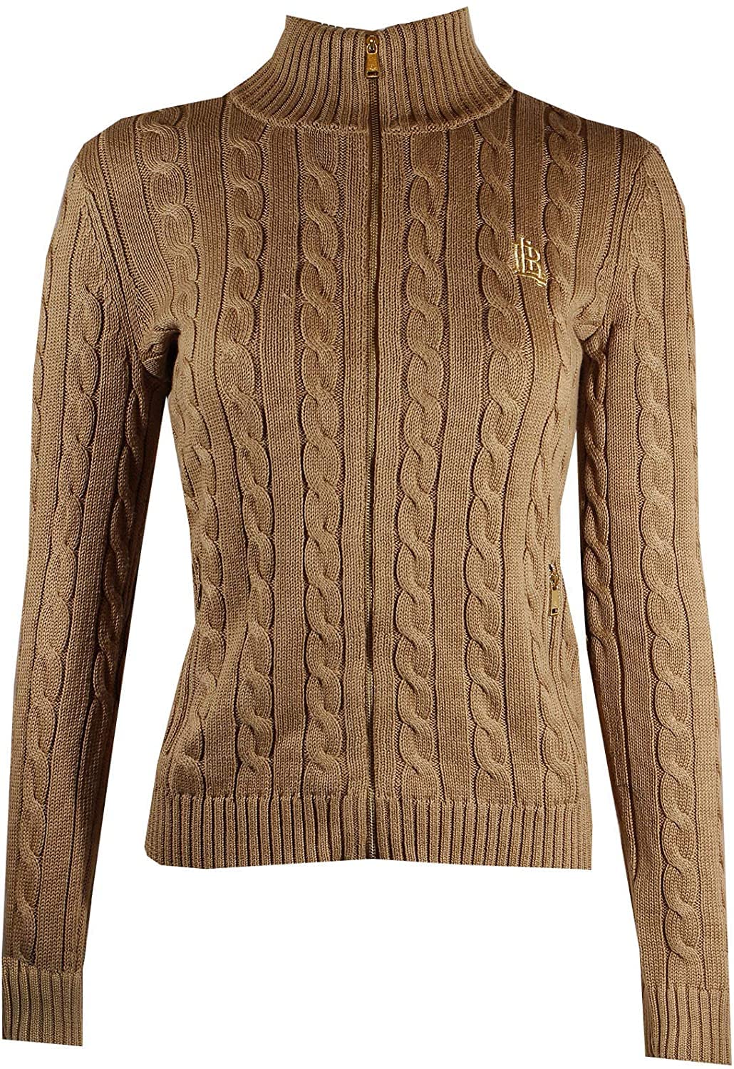 POLO RALPH LAUREN Womens Full Zip Cable Knit Crest Sweater Summer 2021 Large Beige