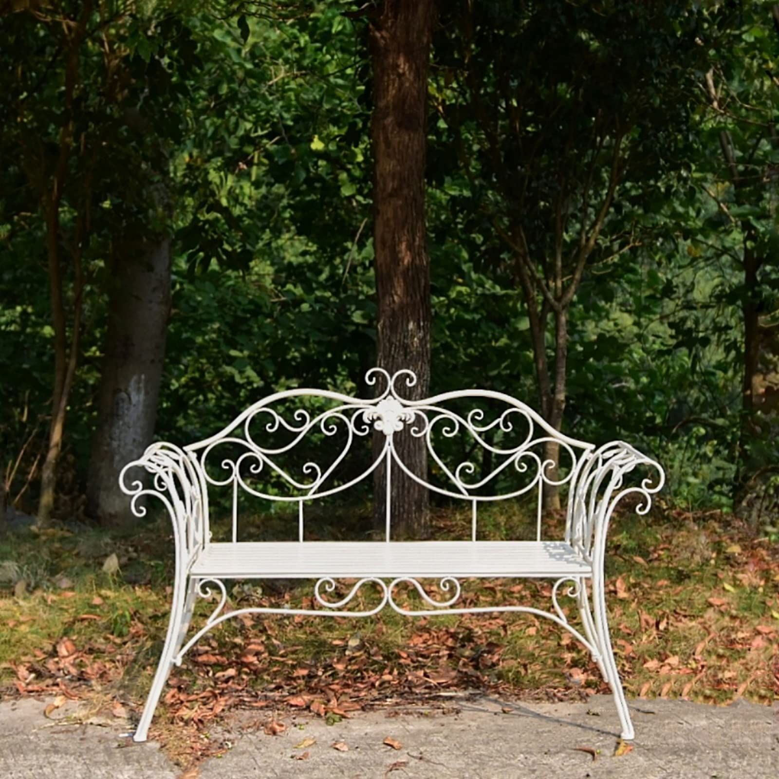 Panchina da giardino con schienale decorativo in ghisa, doppio sedile per patio, cortile e balcone