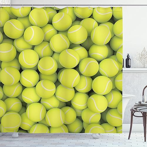 Ambesonne Cortina de ducha deportiva, montón de pelotas de tenis, pasatiempos, felicidad, ocio, competitivo, estilo de vida, juego de decoración de