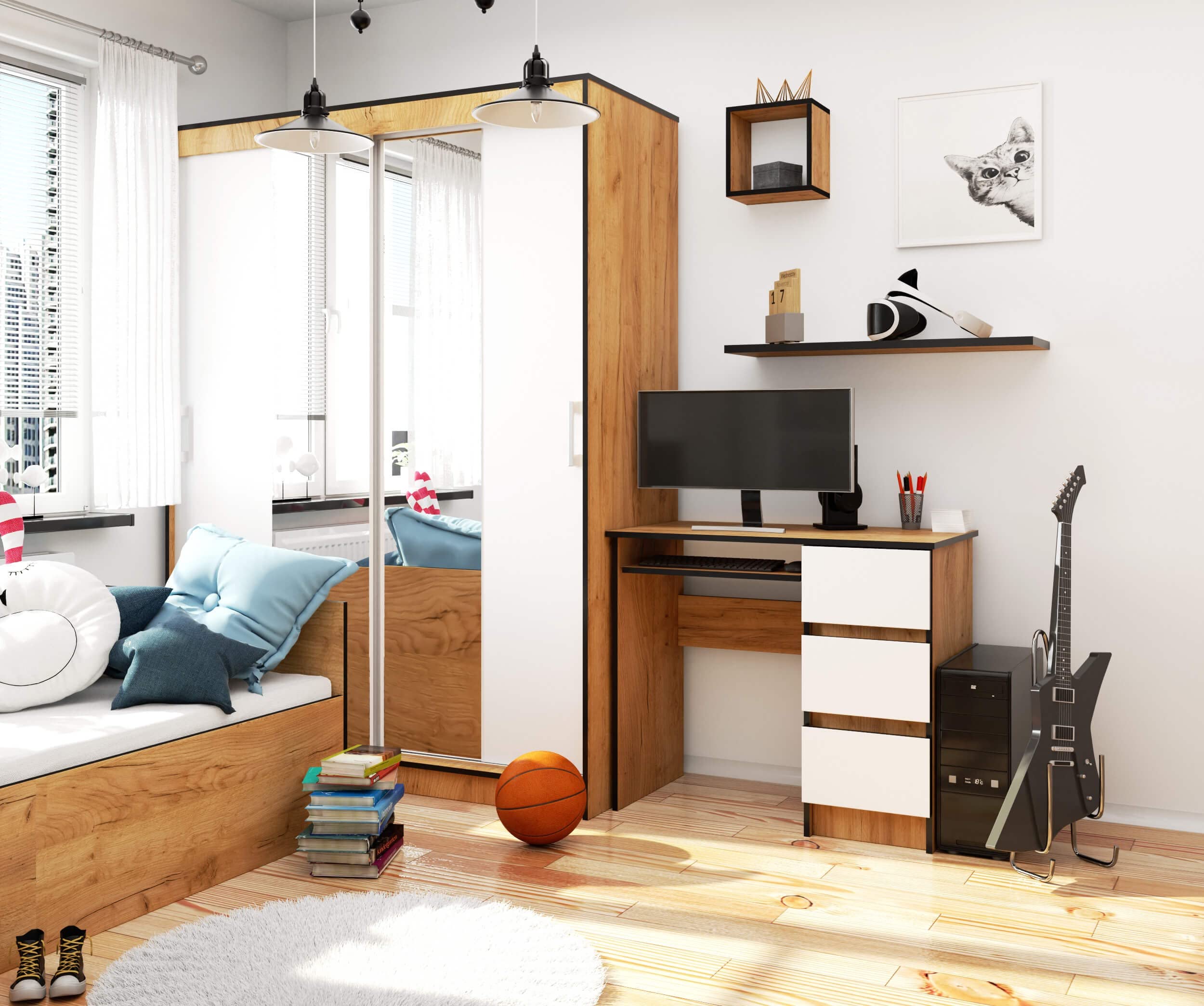 AKORD - Escritorio de ordenador A-6 con tablet teclado | 90 x 77 x 50 cm 30 kg | 3 cajones | Escritorio pequeño PC Mesa | Roble Artisanal/Blanco