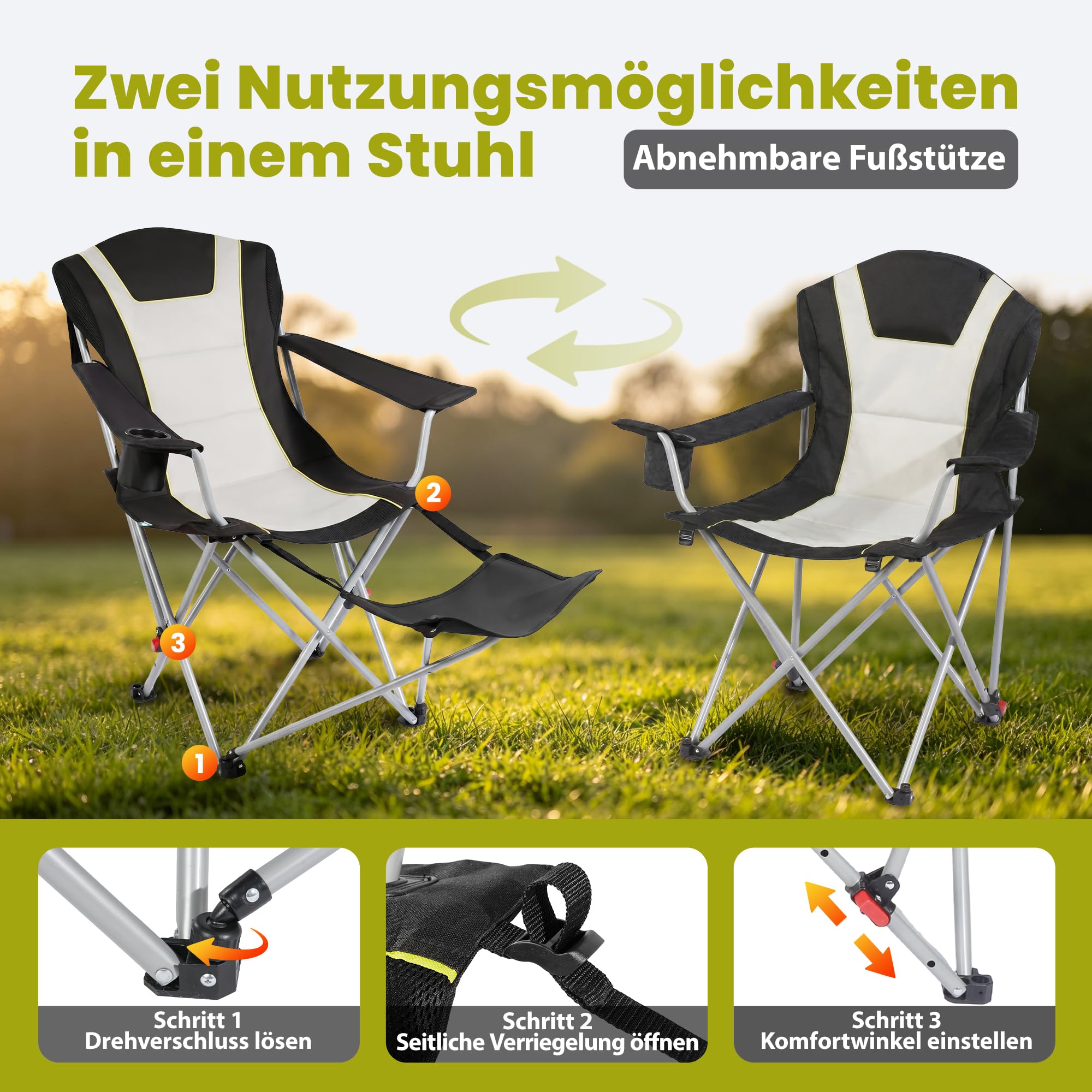 Homecall Sedia da campeggio pieghevole 2 in 1, con poggiapiedi, fino a 150 kg, sedia da pesca, pieghevole, con poggiatesta, portabicchieri e borsa per il trasporto, per campeggio all'aperto (1 pezzo)