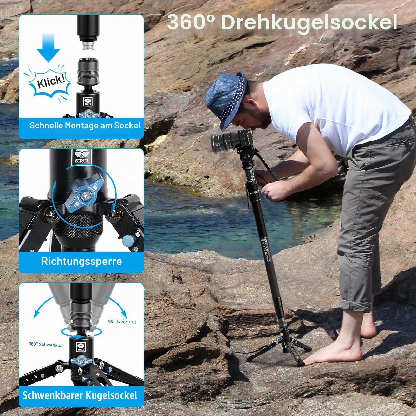 SIRUI SVM-145 Carbon Fiber Monopod mit Rapid System | 3-in-1 Modulares Einbeinstativ, 145cm, 10kg Traglast | Schnellverstellung & Schnellwechsel für DSLR & Video
