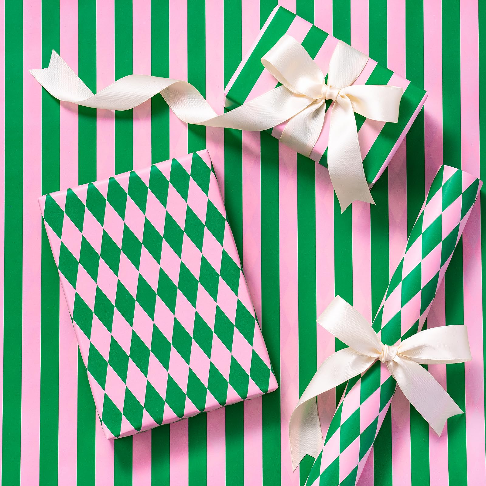 RUSPEPA Mini Reversible Wrapping Paper - Green & Light Pink Stripes/Diamond Pattern, 43.2cm x 5m - Perfect for Christmas, Birthday, Valentine’s Day, Merry Market Gifts — image 1