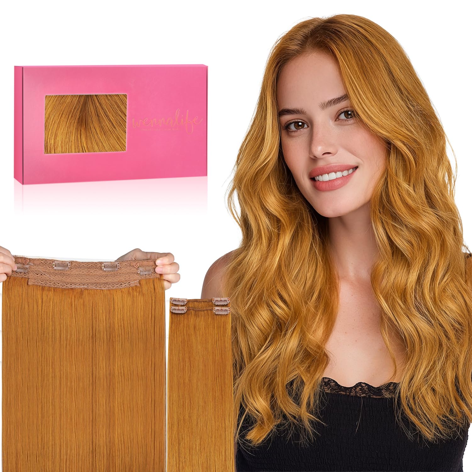 WENNALIFE Wire Hair Extensions (Increase 50% Lifespan) Real Human Hair 16 inch 125g Auburn Ginger Remy Real Hair Extensions Invisible Wire Human Hair